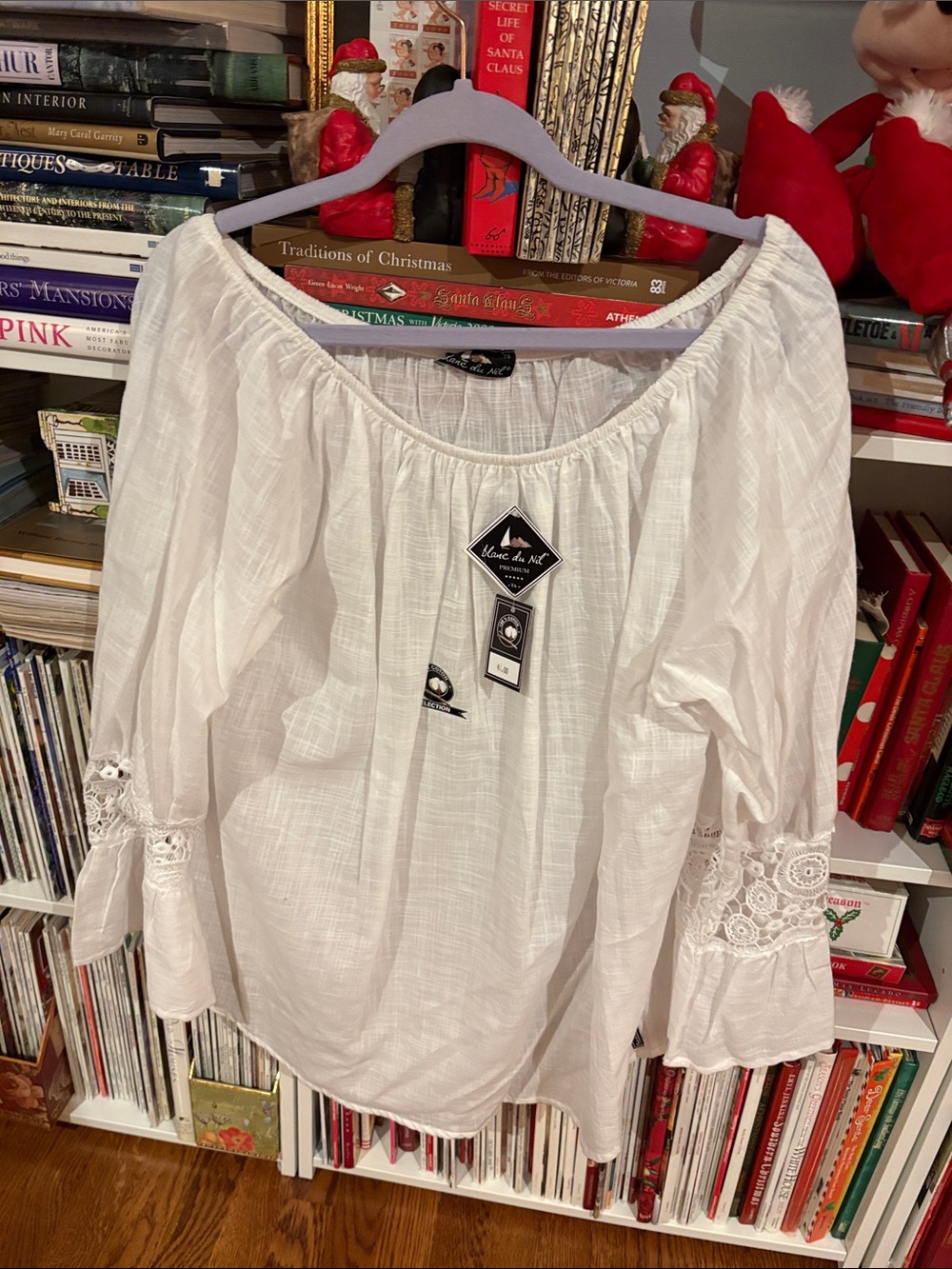 White Off-Shoulder Lace-Sleeve Blouse